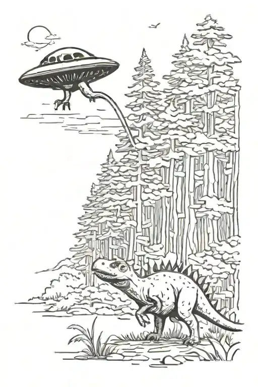 Small Dinosaur On A Trail Winding Through A Forest With A Small Ufo In Background