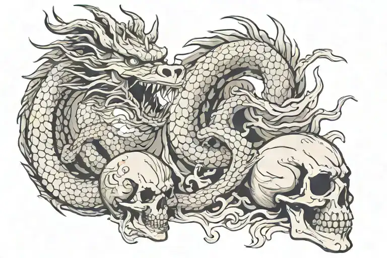 Japanese Dragon And A Skull With Moon In The Back Ground