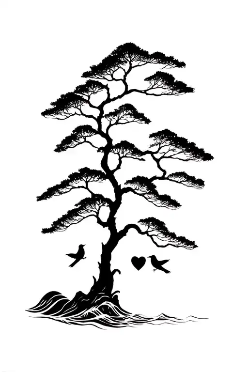Monterey Pine With Ocean Waves And 3 Birds In The Branches Of The Tree With A Heart On The Trunk