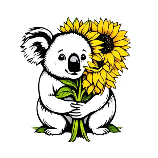 Koala Holding A Sunflower Intertwined For Grandma Figure Hugging