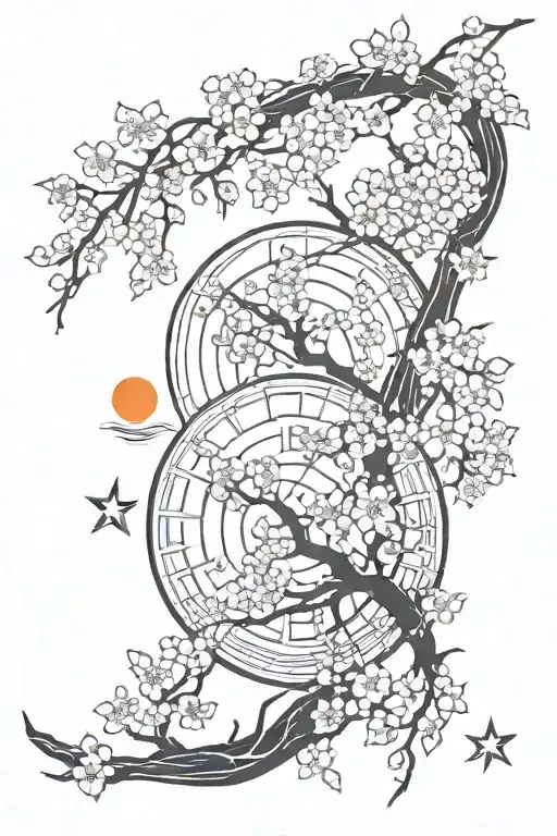 Cherry Blossoms Intertwind With Sun Moon And Star