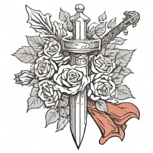 An Upright Dagger Or Dagger Surrounded By A Red Scarf And Roses