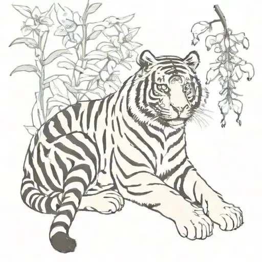 Tiger Sitting With Bell Flowers