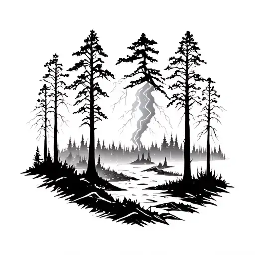 Lightning Storm In The Forest Scene With Very Dark Lines