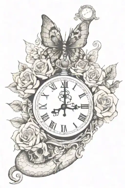 Snake Skull Butterfly Rose Clock Latin