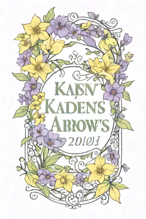 A Bow And Arrow Design With Kaiden's Name In The Middle Surrounded By Violets And Daffodils