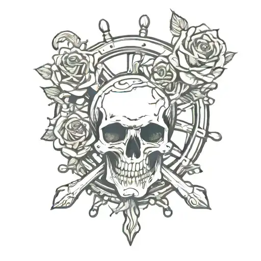 Skull Rose And Ship Wheel