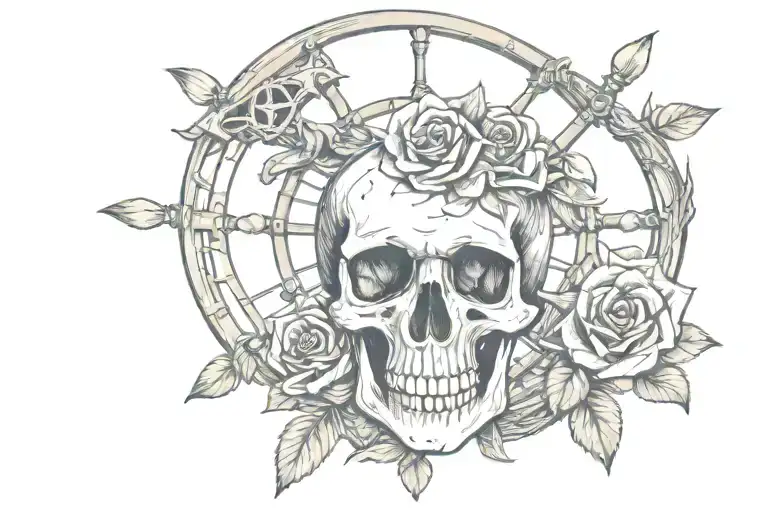 Skull Rose And Ship Wheel