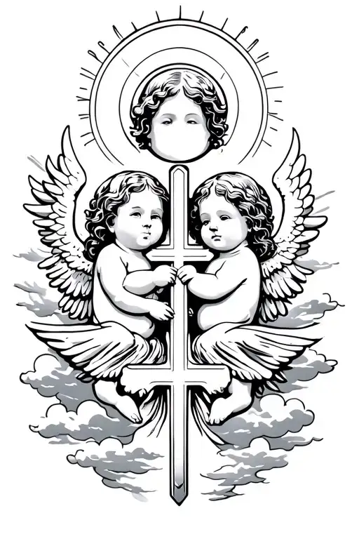 Baby Angels With Halo's And A Cross Inbetween Them With Clouds In The Background