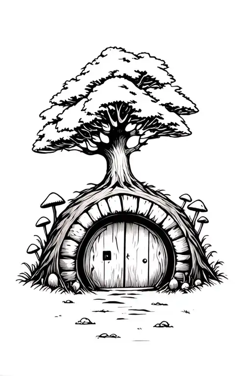 Hobbit Hole With Round Door And Tree Above And Mushrooms Out Front