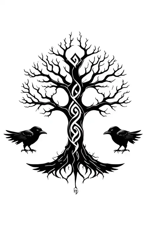 Black Tattoo Of Yggdrasil And Two Ravens At The Bottom