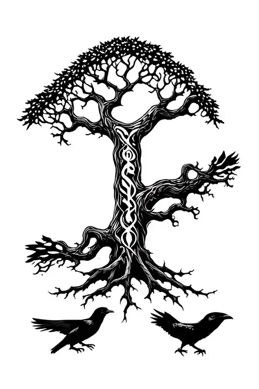Black And White Tattoo Of Yggdrasil And Two Ravens At The Bottom