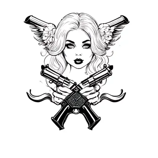 Pinup Chick With Pistols Crossing Each Other