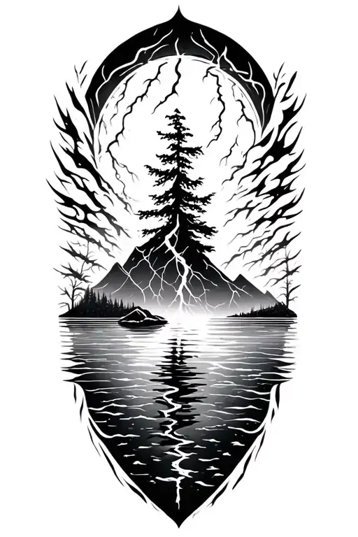 Fjord And Lightining Storm And Vegvisir And Nature