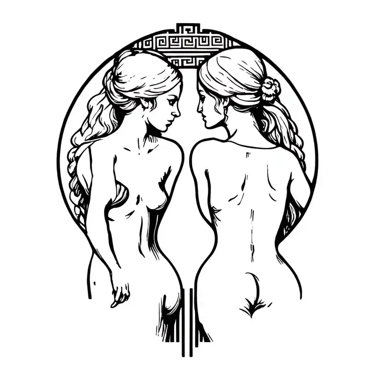 Two Womans Body Woodcut And A Greek Back Structure Back