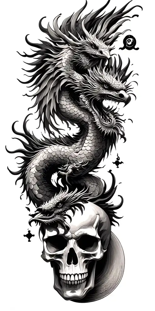 Chinese Dragon And Phoenix And Skull And Moon And Raven