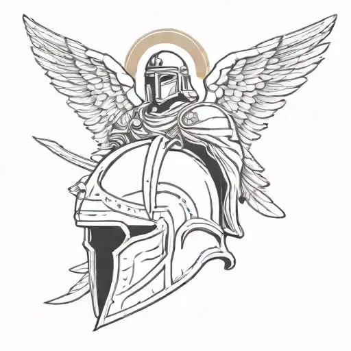 Angel Admiring His Wings On Top A Spartan Helmet