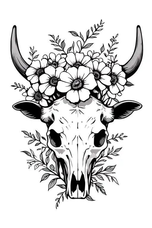 Western Cow Skull With Flowers Coming Out Head
