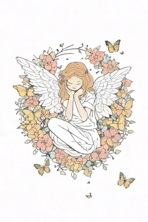 Fallen Angel Surrounded By Flowers And Butterflies