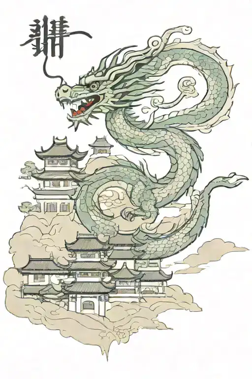 A Majestic Dragon Flying Over A Traditional Chinese Village With Arabic Script In The Sky