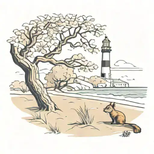 Beach With A Lighthouse And An Oaktree With A Squirrel On The Branch
