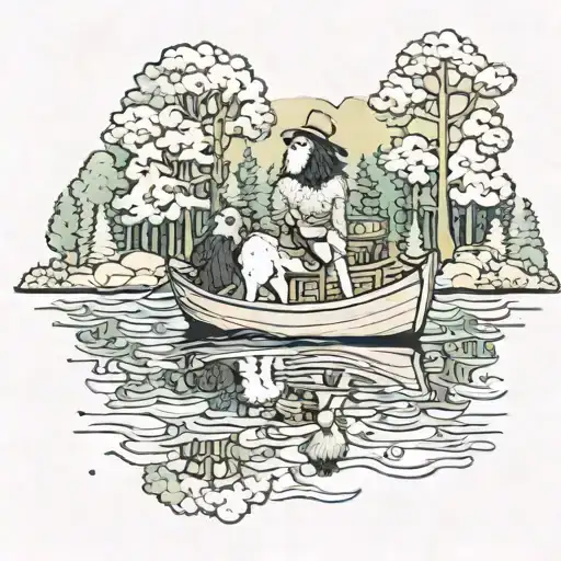 A Surreal Scene Of A Sheepadoodle Riding A Horse On A Boat Through A Magical Forest