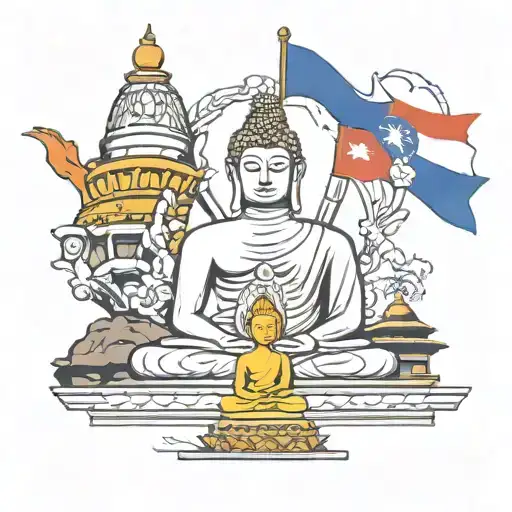 Gautam Buddha And Buddha Stupa Nepal And Five Flags Of Buddhisum