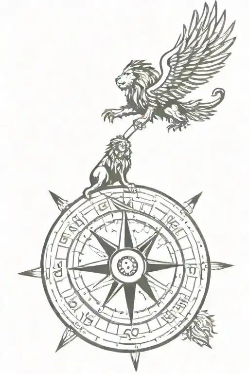 Lion On Top Of A Compass With A Phoenix Flying In The Sky With A Arrow