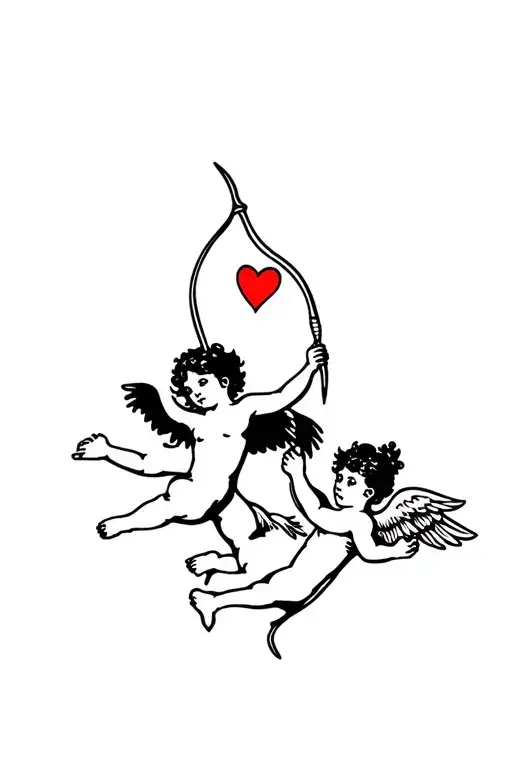 2 Cherubs Flying One Holding Bow And Arrow Other Holding A Heart