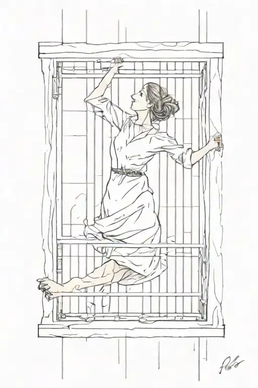 A Woman Freeing Herself From Jail Cell With Bars