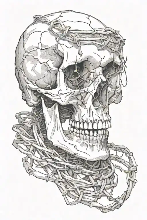 Skull With Its Lower Jaw Missing And Barbed Wire Wraped Around It