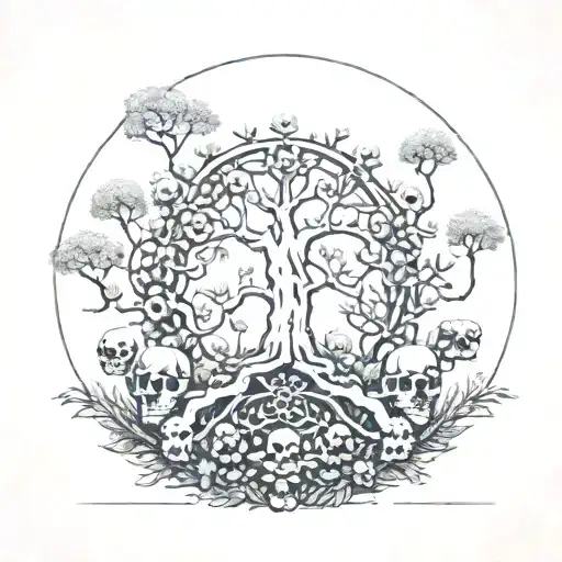 Flowering Tree Of Life Atop A Mound Of Many Skulls Encased In A Circle