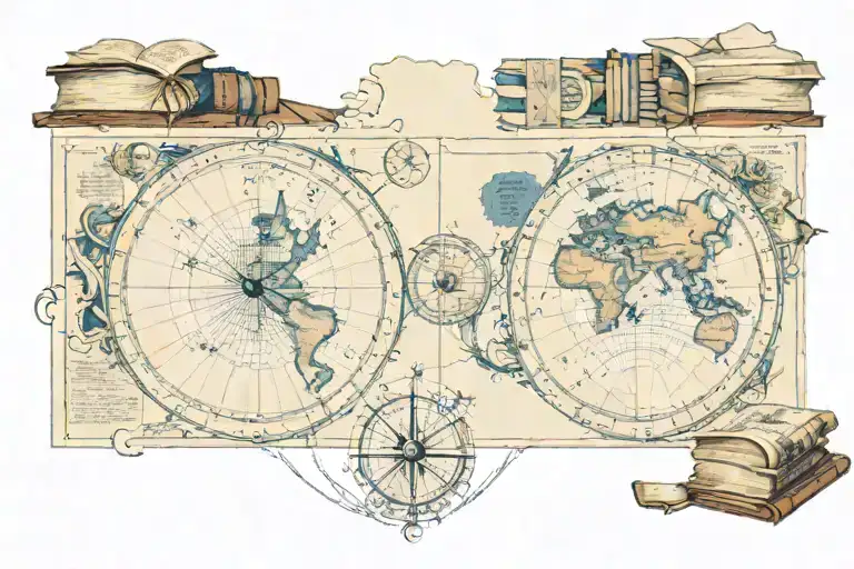 A Map Of The World With A Compass Rose And A Stack Of Books On Top