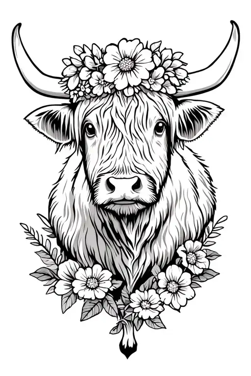 Highland Cow With A Flower Crown And Floral Underneath