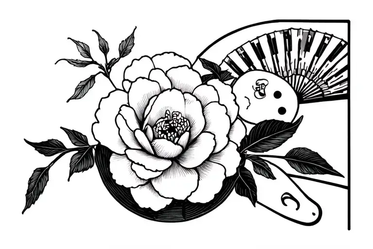 Camellia With Horseshoe And Paint Palette And Chinese Fan