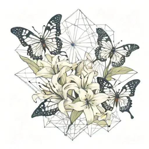 Butterfly's And Lily Flowers With A Geometric Background