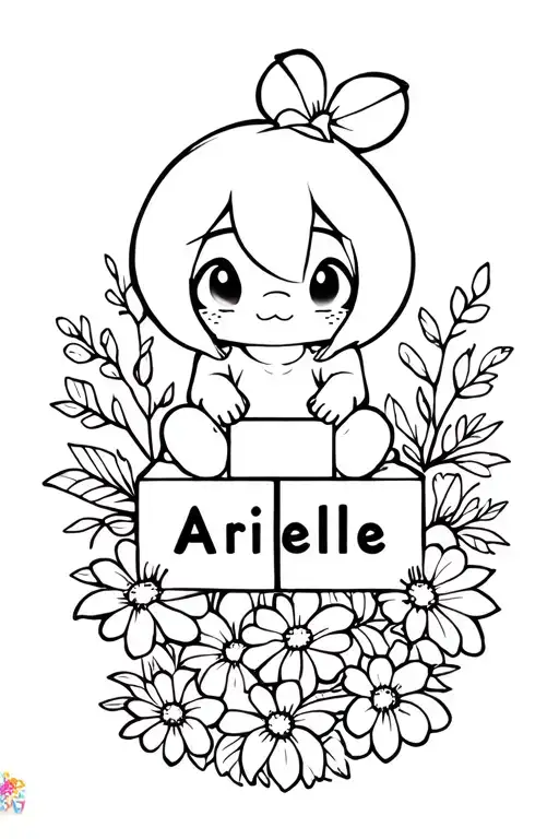 Character Stitch Sitting On Flowers Holding Blocks With The Names Arielle In Them
