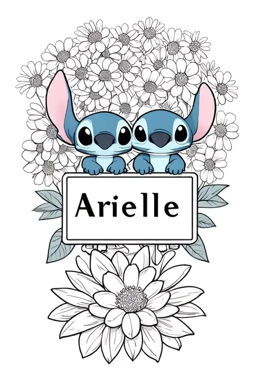 Character Leo & Stitch Sitting On Flowers Holding Blocks With The Names Arielle In Them