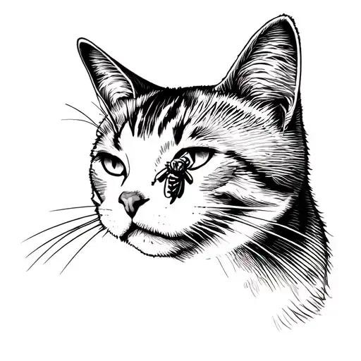 Line Art Of A Cat Silhouette With A Bee On The Nose