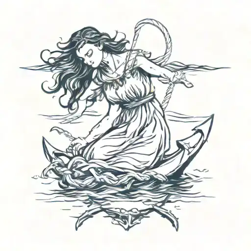 Women With A Sun Dress On Drowning With An Anchor Wrapped Around Her Leg