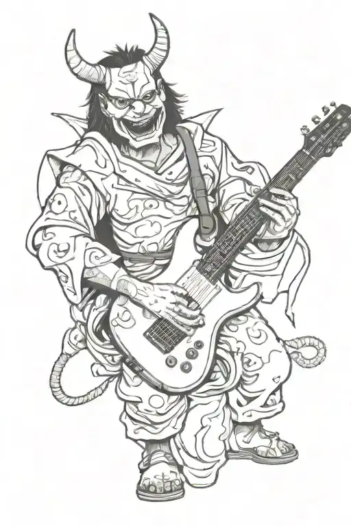 Japanese Devil Holding Electro Guitar
