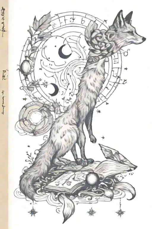 Spell Book With A Fox Stepping Out With Smoke And The Phases Of The Moon