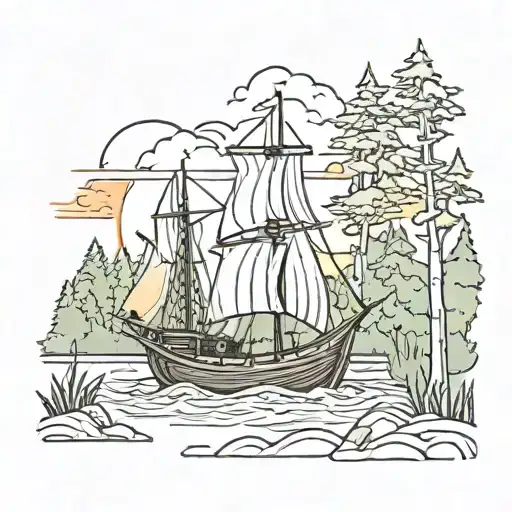 A Viking Ship Sailing Through A Forest Of Trees Colors Sunset Over Lake