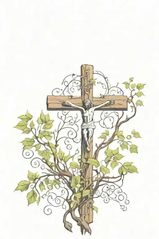 Cross With Vines Growing And Jesus Christ Crucified