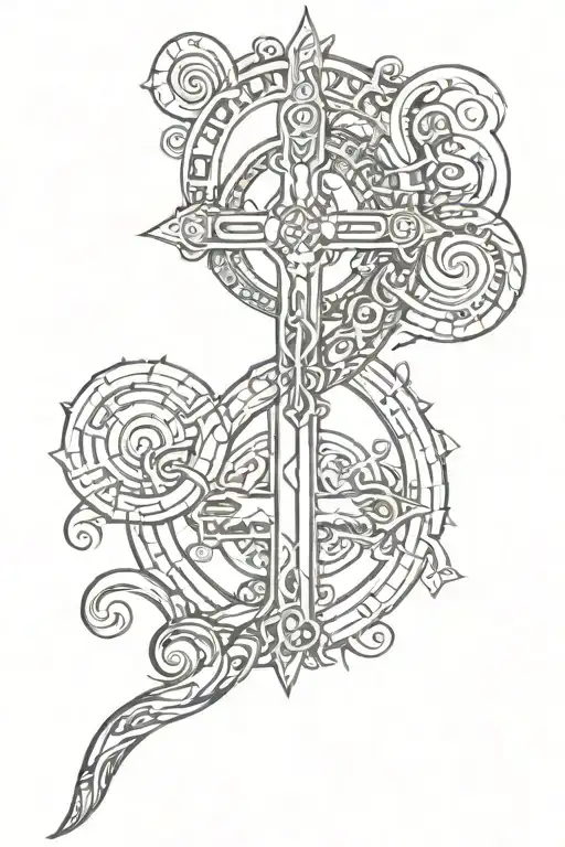 A Tattoo Combining Elements Of Buddhism With A Unalome Symbol And A Leviathan-cross