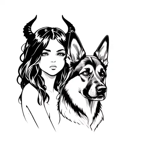 Demon Girl And Her German Shepherd Protecting Her Head