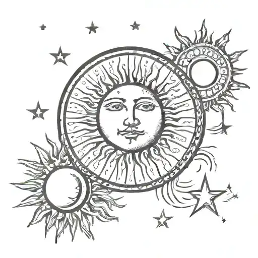 Sun On Forground And Moon On The Background 2 Stars Around It