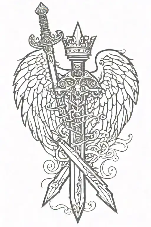 Sword With Angel Wings And Crown Lines