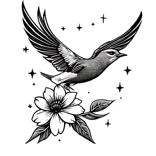 Flying Bird With A Flower Among Stars