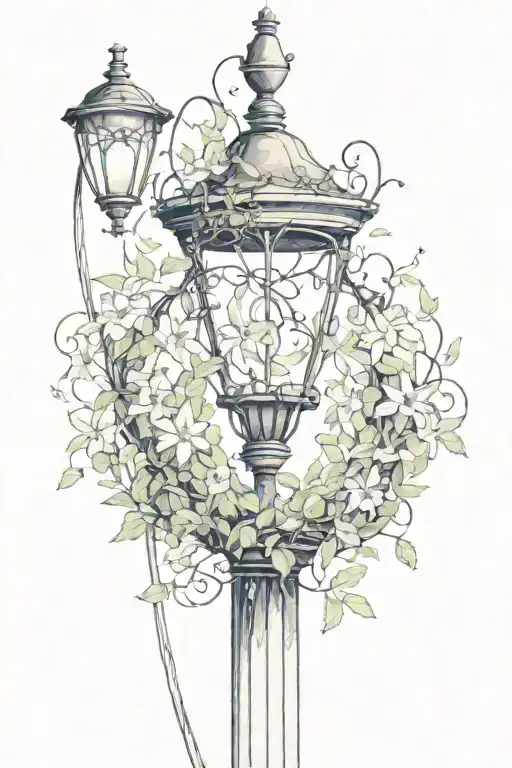 Black Hole At The Base Of A Lamp Post Covered In Vines And Lilies